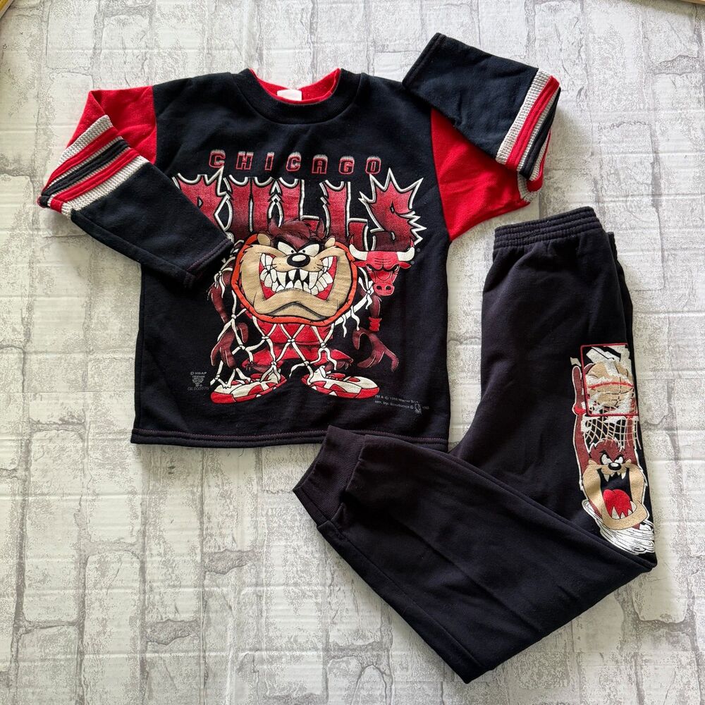 VTG 90s NBA Chicago Bulls Taz Sweatshirt Tracksuit Retro Kidcore Youth Set Sz 7